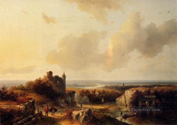 バレンド・コルネリス・コエクク Painting - 旅行者と一緒に楽しむ広大な川の風景 オランダ人 Barend Cornelis Koekkoek